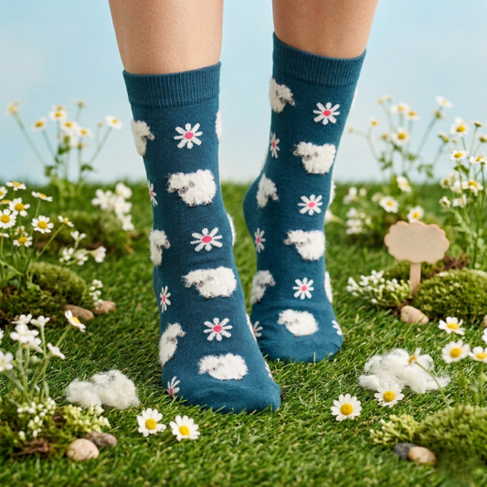 lacivert zemin üzerinde koyun ve papatya desenli pamuk çorap