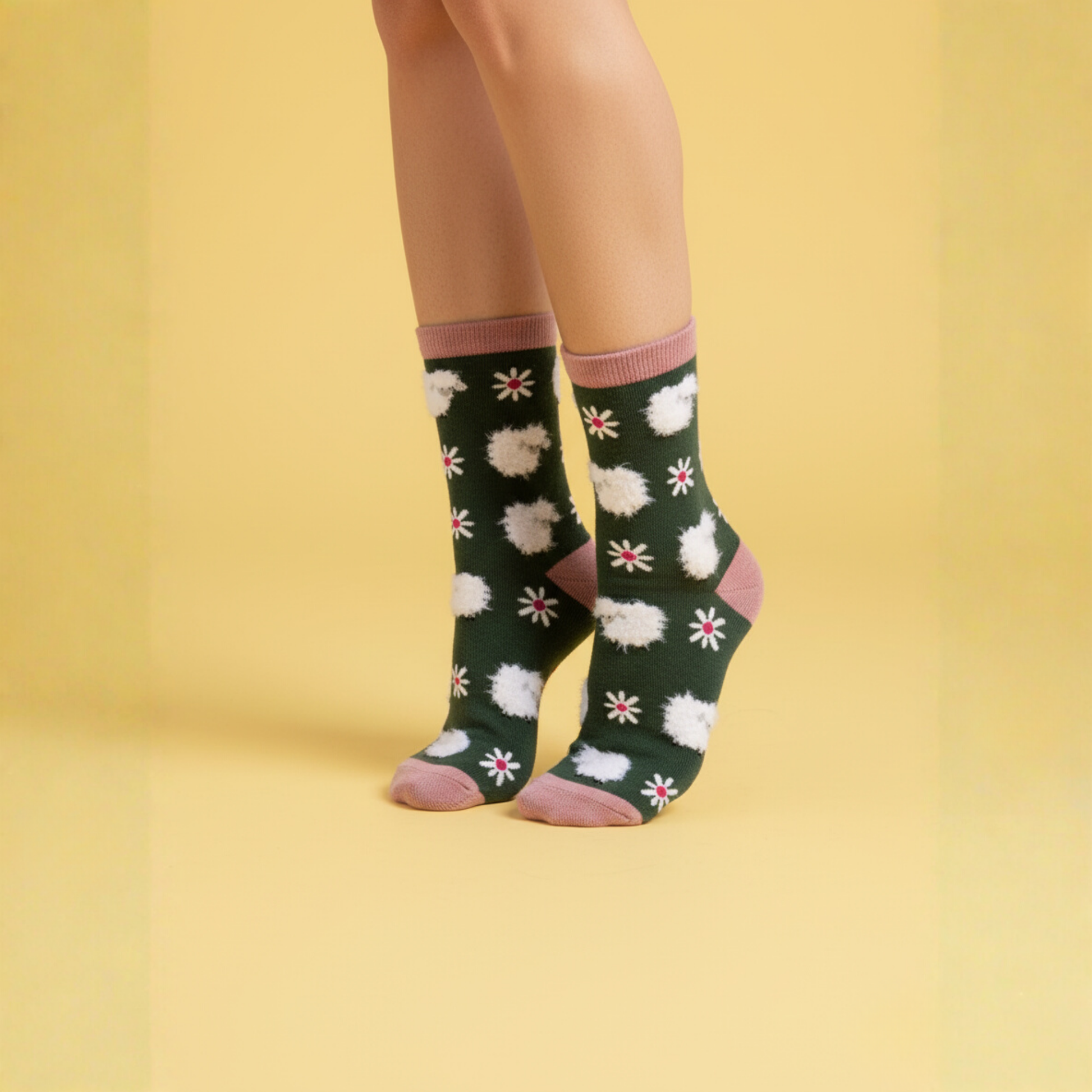 Papatya ve kabarık koyun desenli yeşil soket çorap — pamuklu, rahat ve zarif tasarım