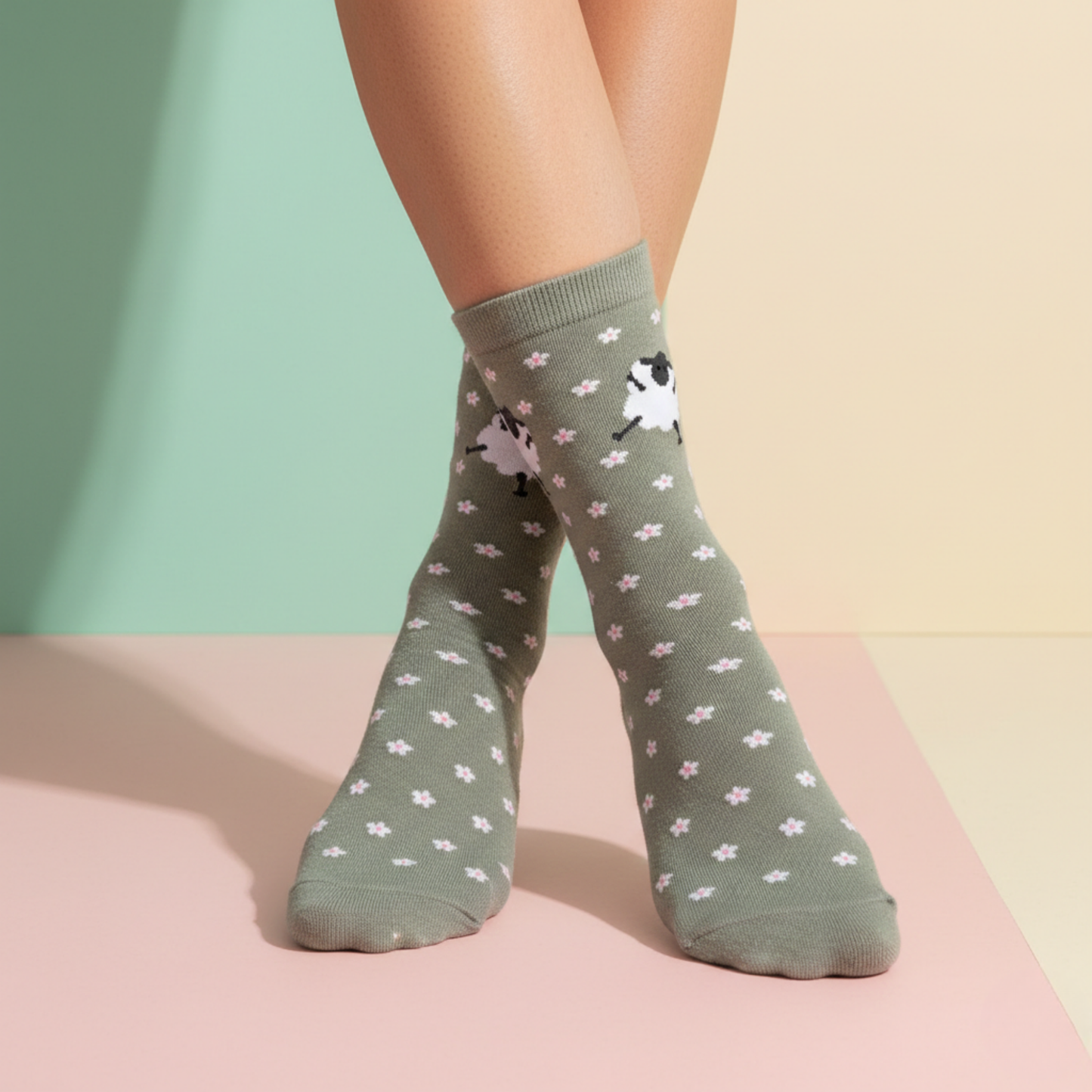 Papatyalı Kuzu Desenli Yeşil Çorap