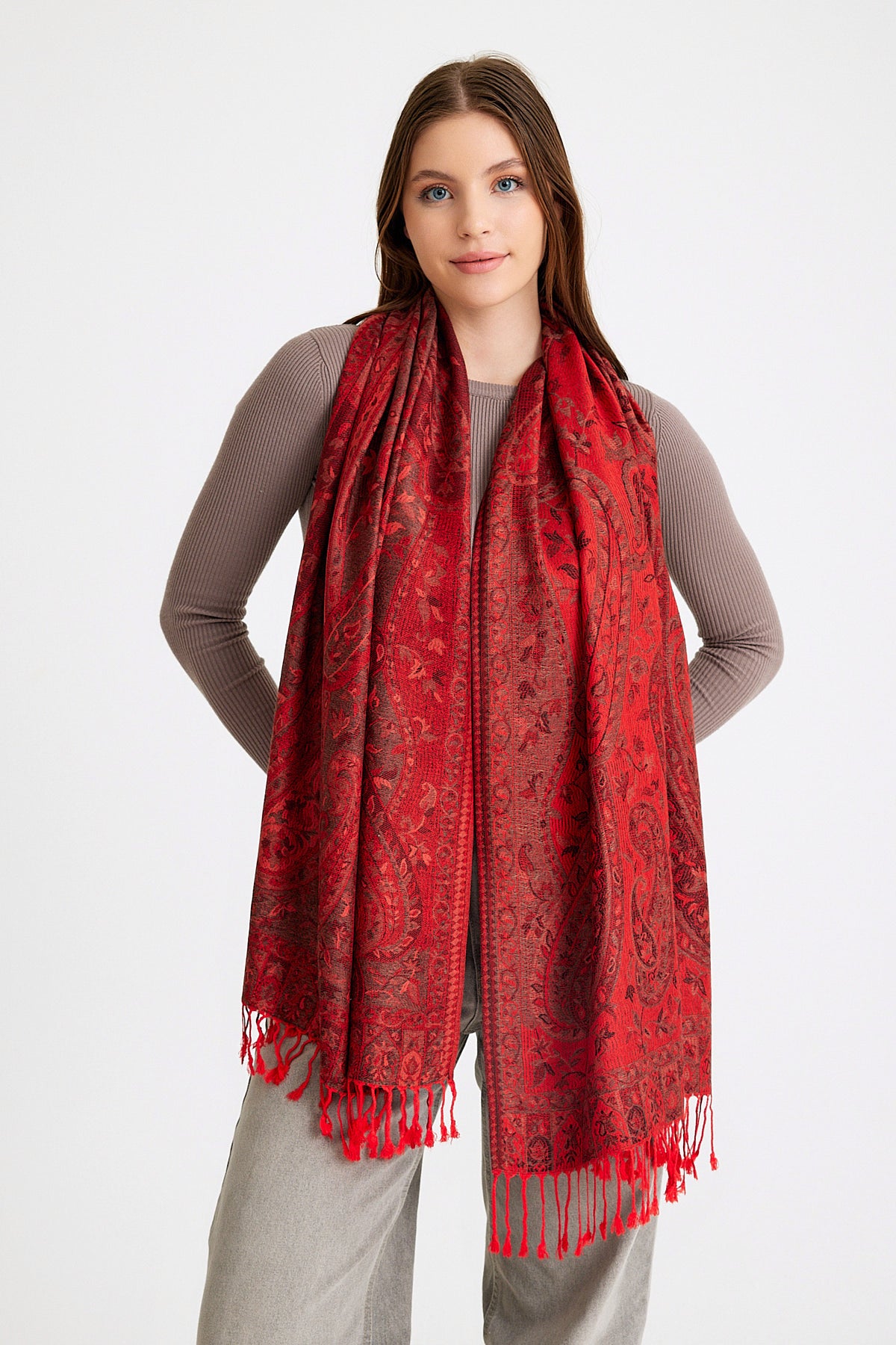 Paisley Desen Pashmina Şal-Bordo