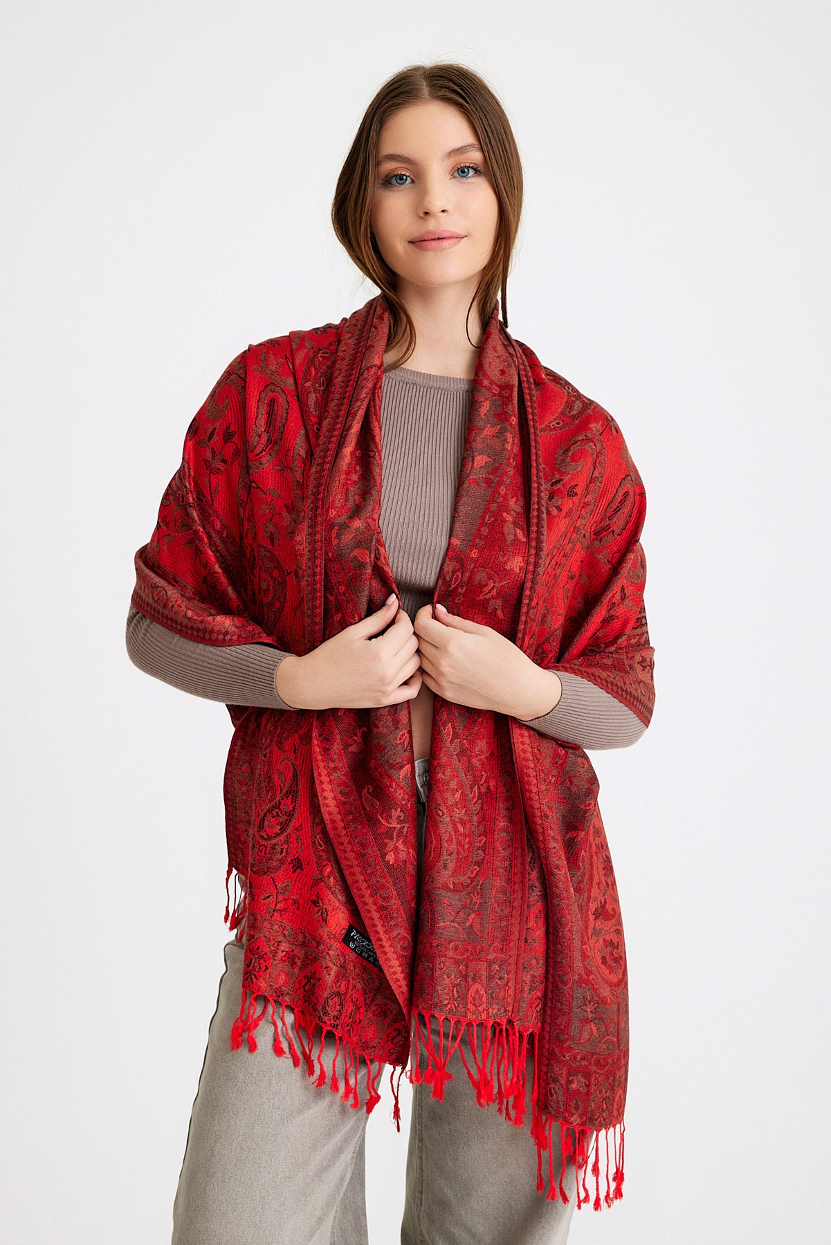 Paisley Desen Pashmina Şal-Bordo