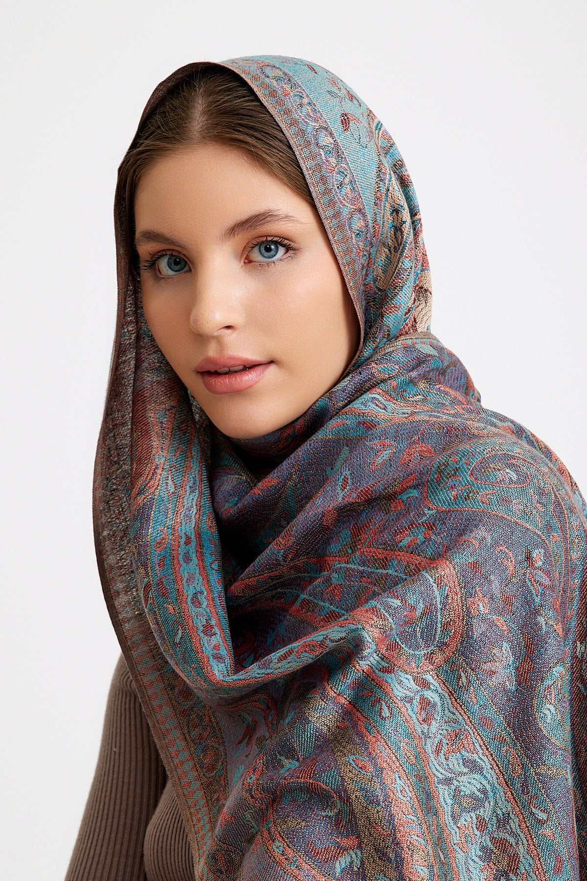 Paisley Desen Pashmina Şal - Kahverengi & Mavi