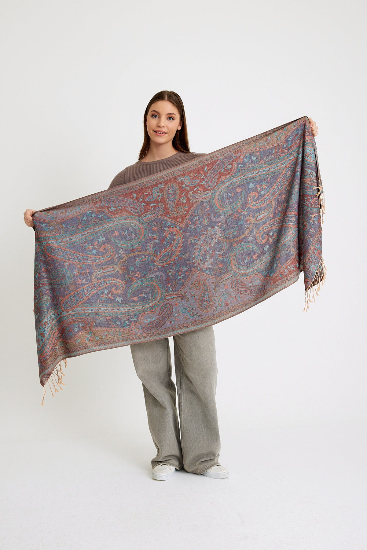 Paisley Desen Pashmina Şal - Kahverengi & Mavi