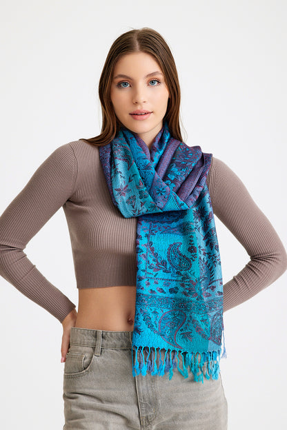 Paisley Desen Pashmina Şal - Mavi & Mor