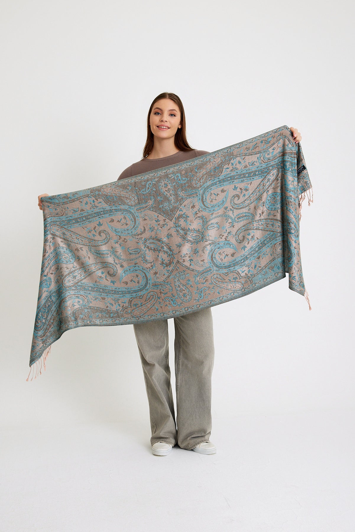 Paisley Desen Pashmina Şal - Turkuaz & Taş