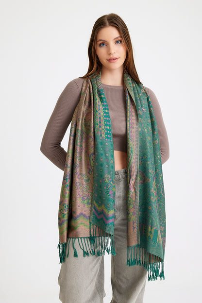Paisley Desen Pashmina Şal - Yeşil