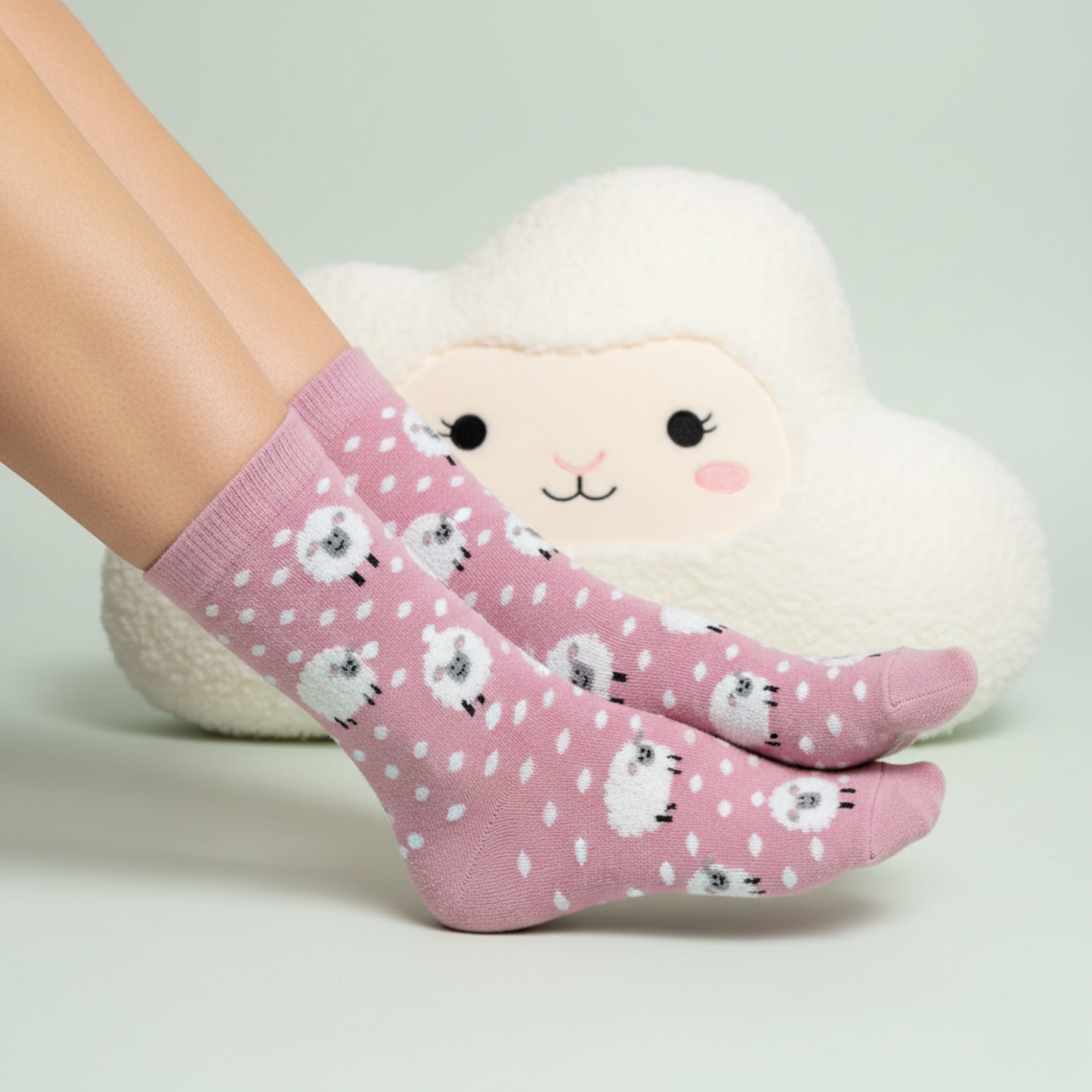 Pembe Puantiyeli Koyun Desenli Çorap
