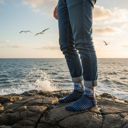 Mavi tonlarında çizgili, penguen desenli unisex pamuklu çorap — sıcak, konforlu ve doğa temalı tasarım