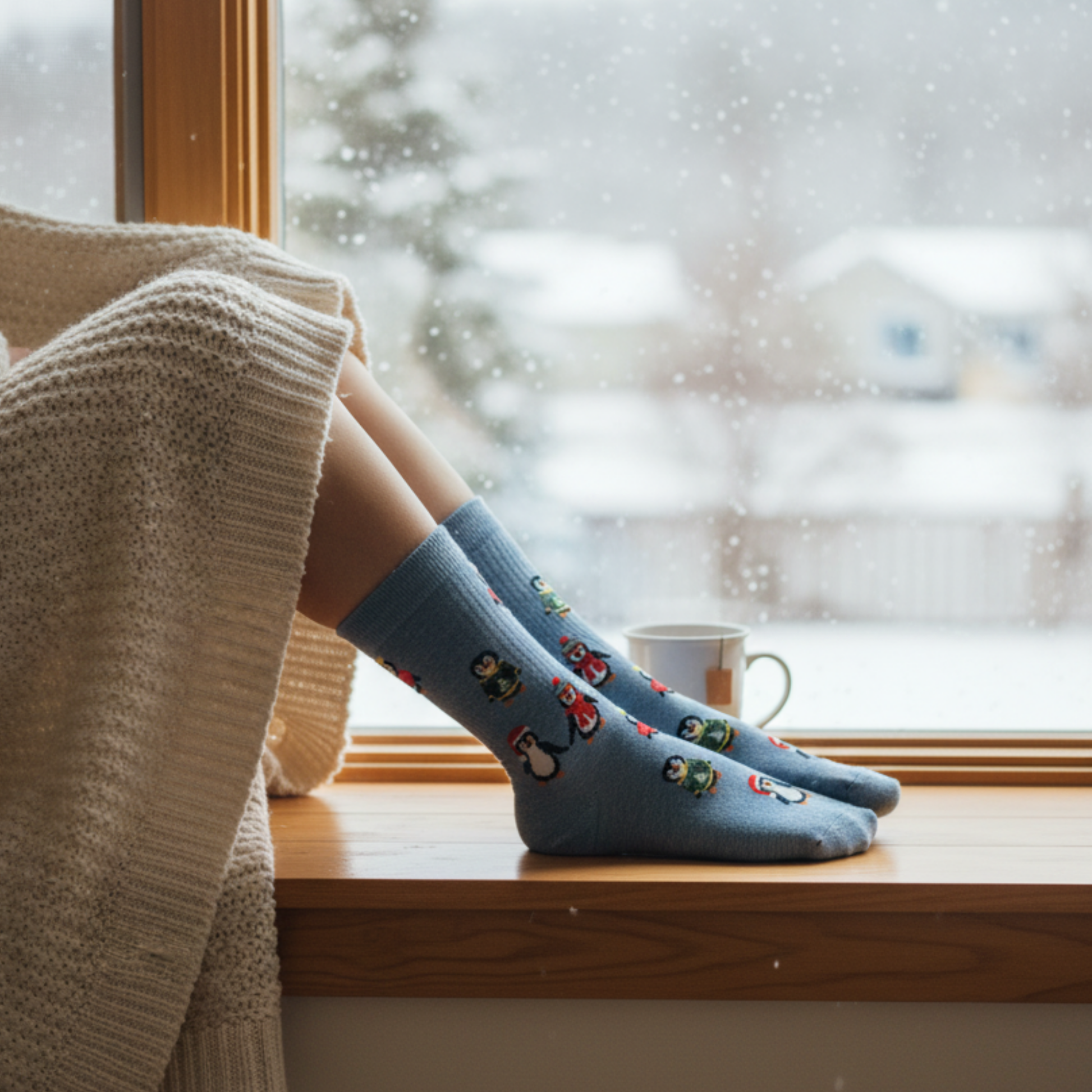 Mavi zeminli, renkli penguen desenli pamuklu kadın çorap — yılbaşı temalı, yumuşak ve sevimli tasarım