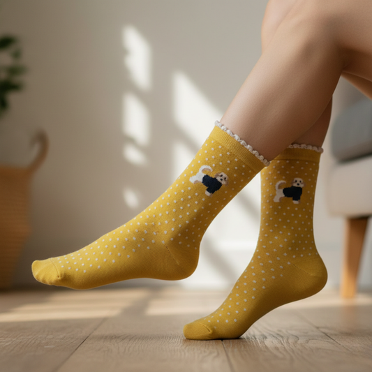 Sarı puantiyeli, sevimli köpek desenli, dantelli bilek detaylı çorap