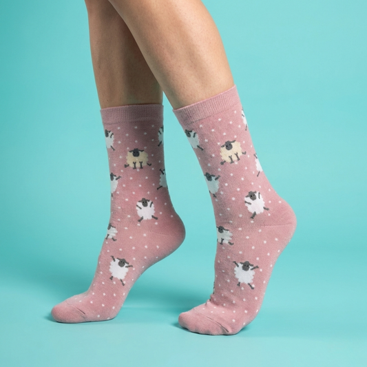 Puantiyeli Sevimli Koyun Desenli Pembe Çorap