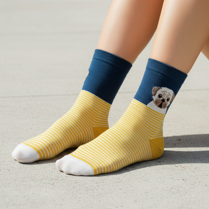 Pug köpek desenli sarı çizgili çorap