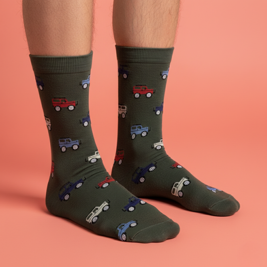 Renkli Jeep Desenli Haki Yeşil Çorap