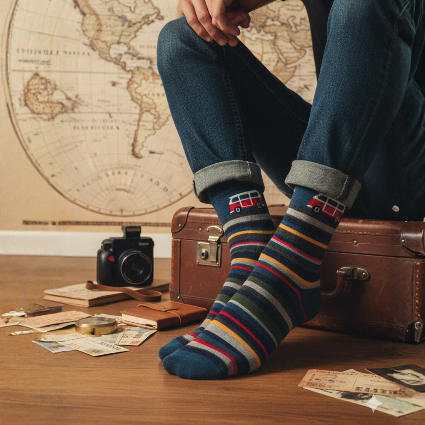 Renkli çizgili, mavi zeminli, kırmızı-beyaz retro minibüs desenli unisex çorap — pamuklu ve rahat yapı