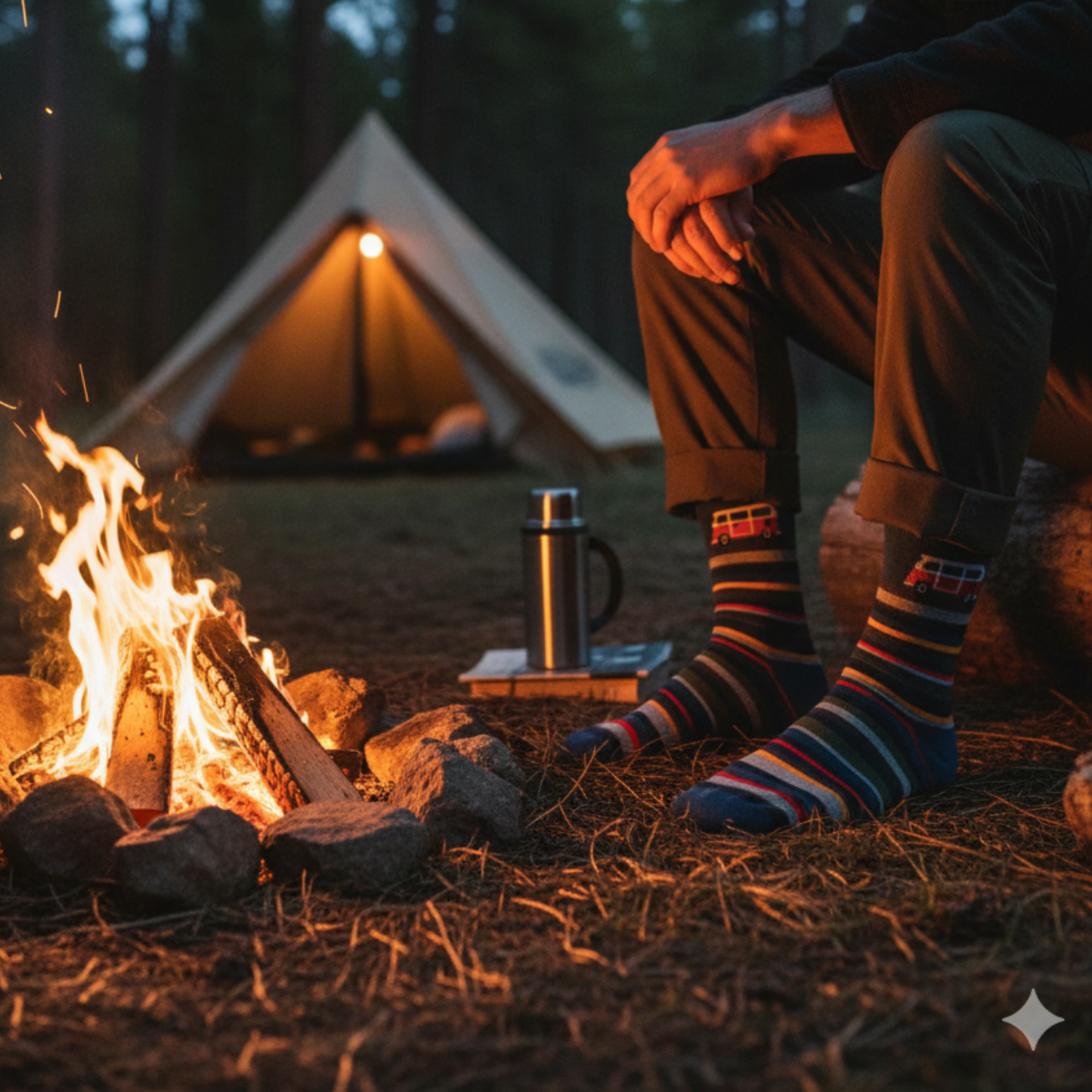 Renkli çizgili, mavi zeminli, kırmızı-beyaz retro minibüs desenli unisex çorap — pamuklu ve rahat yapı