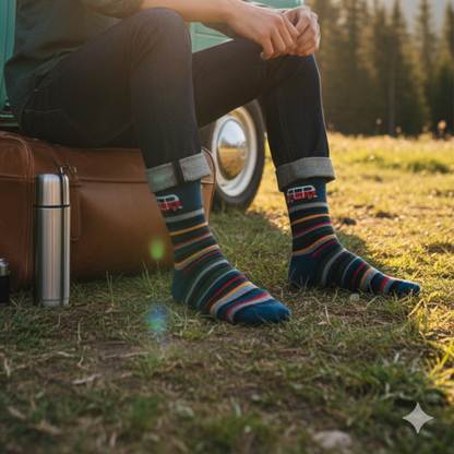 Renkli çizgili, mavi zeminli, kırmızı-beyaz retro minibüs desenli unisex çorap — pamuklu ve rahat yapı
