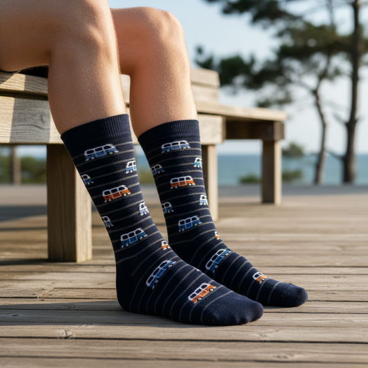 Road Trip Minibüs Desenli Çizgili Lacivert Çorap