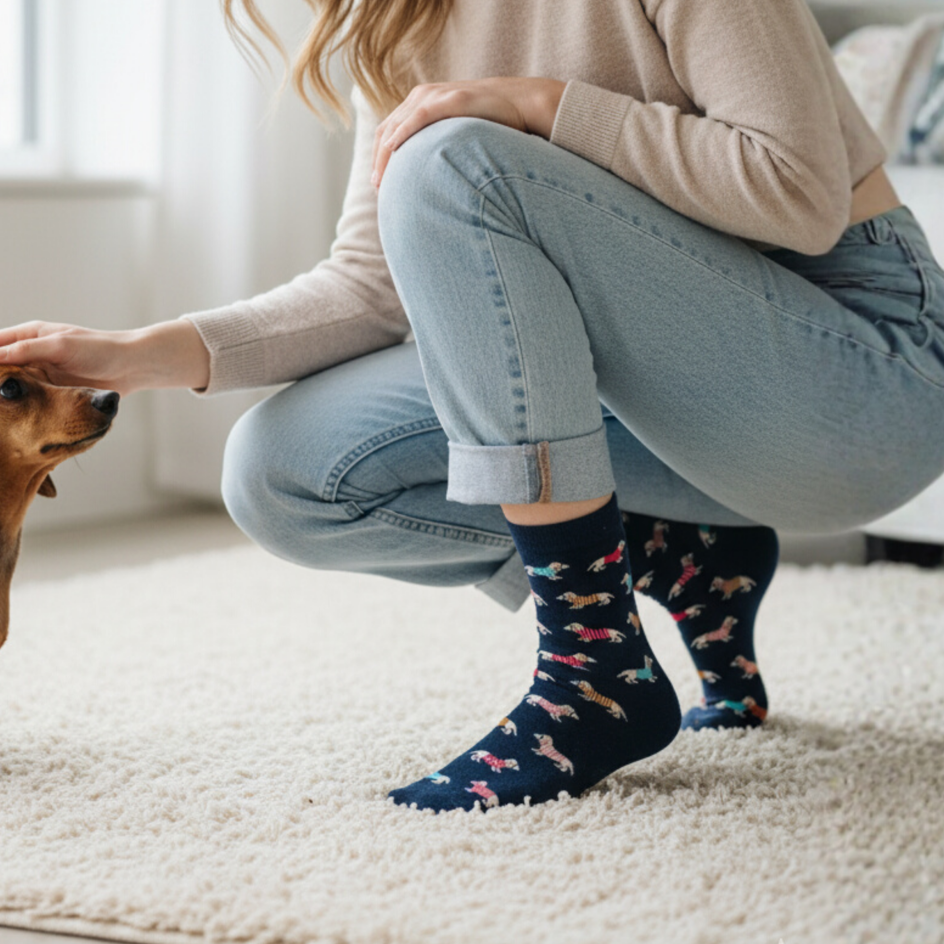 Lacivert zemin üzerinde renkli kazaklı dachshund (sosis köpek) desenli soket çorap