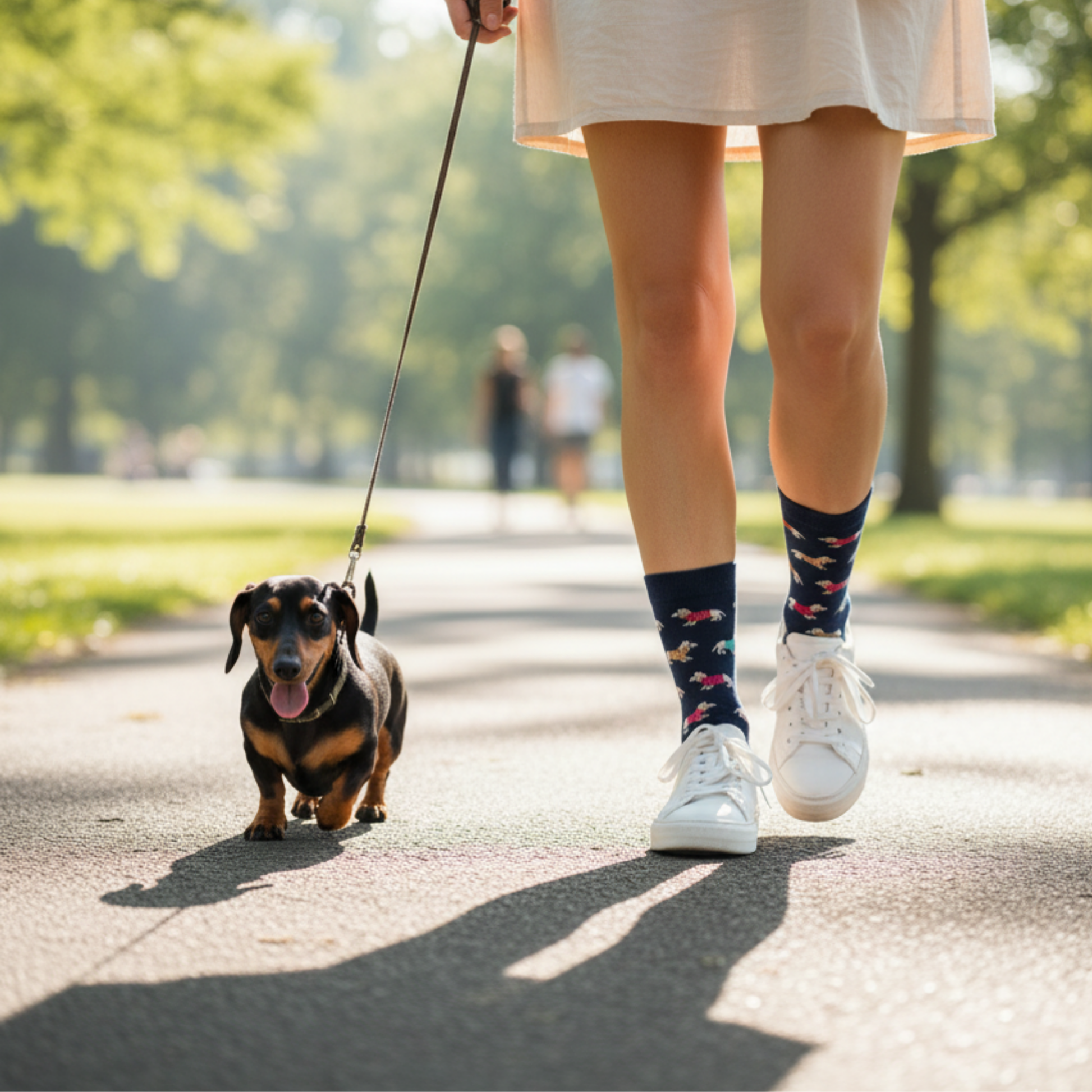Lacivert zemin üzerinde renkli kazaklı dachshund (sosis köpek) desenli soket çorap