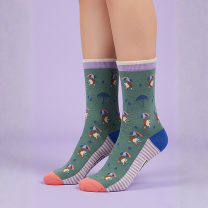 Şemsiyeli kirpi desenli yeşil soket çorap — renkli, pamuklu, kadın model
