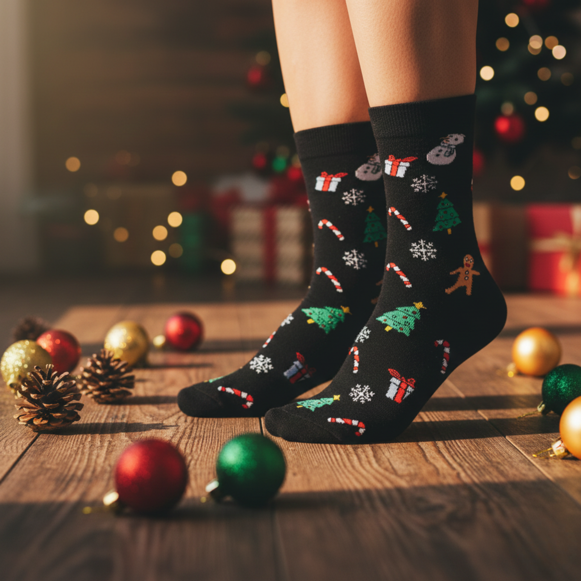 Siyah zemin üzerine yılbaşı sembolleri—kardan adam, ağaç, şeker kamışı, hediye ve kar tanesi desenli soket çorap.