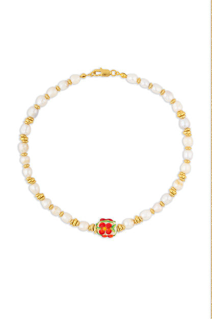 Floral Pearls Tasarım İnci Dizi Kolye Krem-Kırmızı