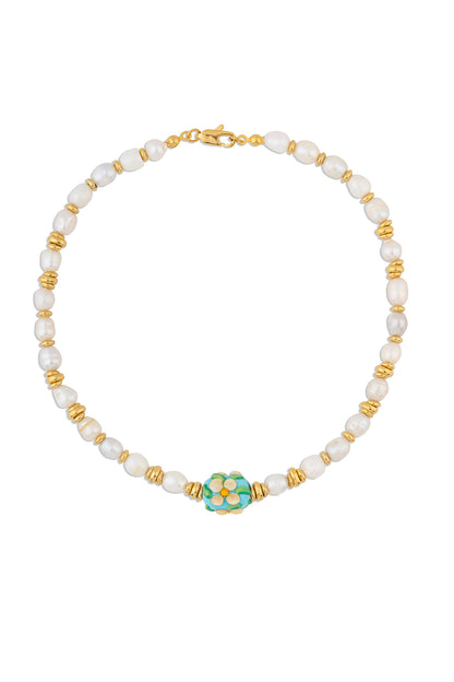 Floral Pearls Tasarım İnci Dizi Kolye Mavi-Beyaz