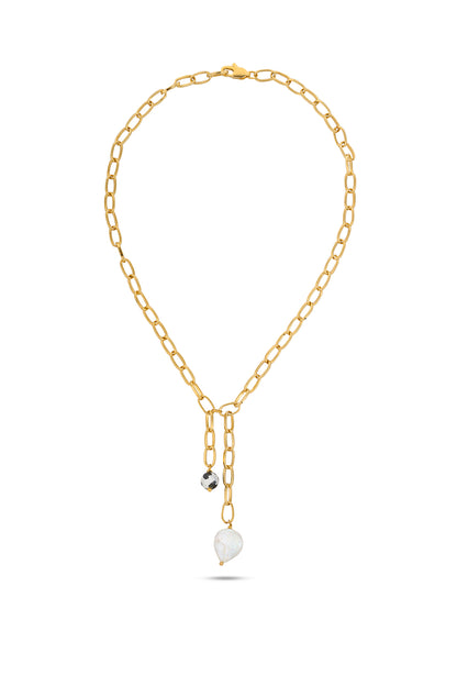 Siyah Hint Akik & İnci Charm Zincir Sallantılı Kolye