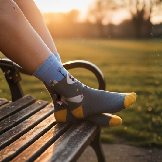 Sonbahar yürüyüşü desenli, sarı detaylı pamuklu soket çorap — modern ve rahat tasarım