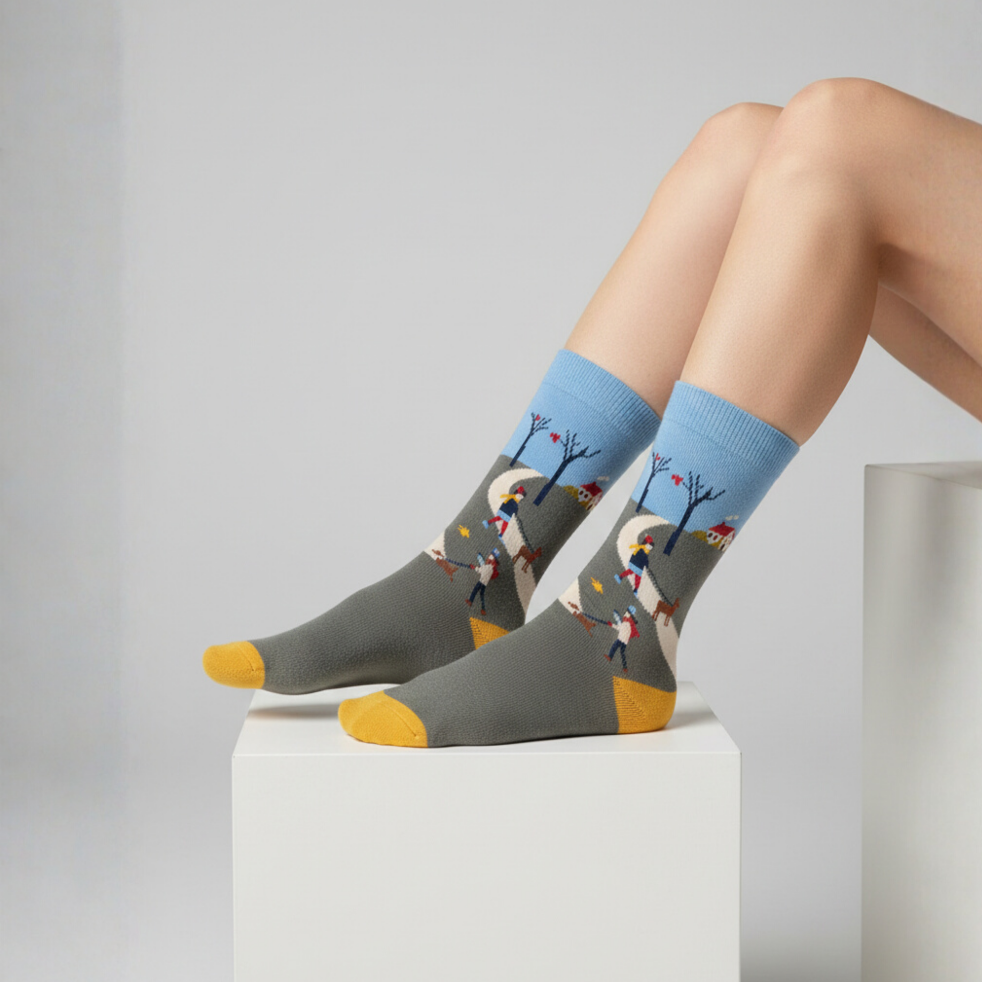 Sonbahar yürüyüşü desenli, sarı detaylı pamuklu soket çorap — modern ve rahat tasarım