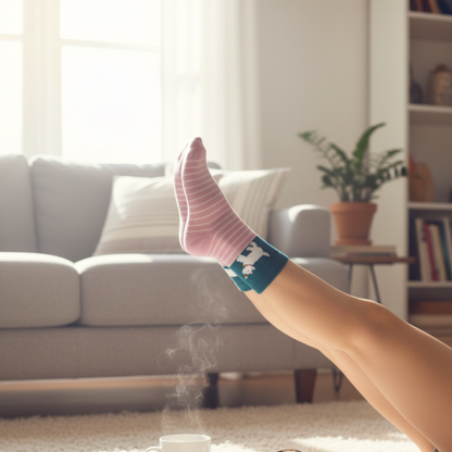 Pembe-krem çizgili, petrol mavisi bilekli; kabarık köpek (Westie) ve minik arı motifli soket çorap.