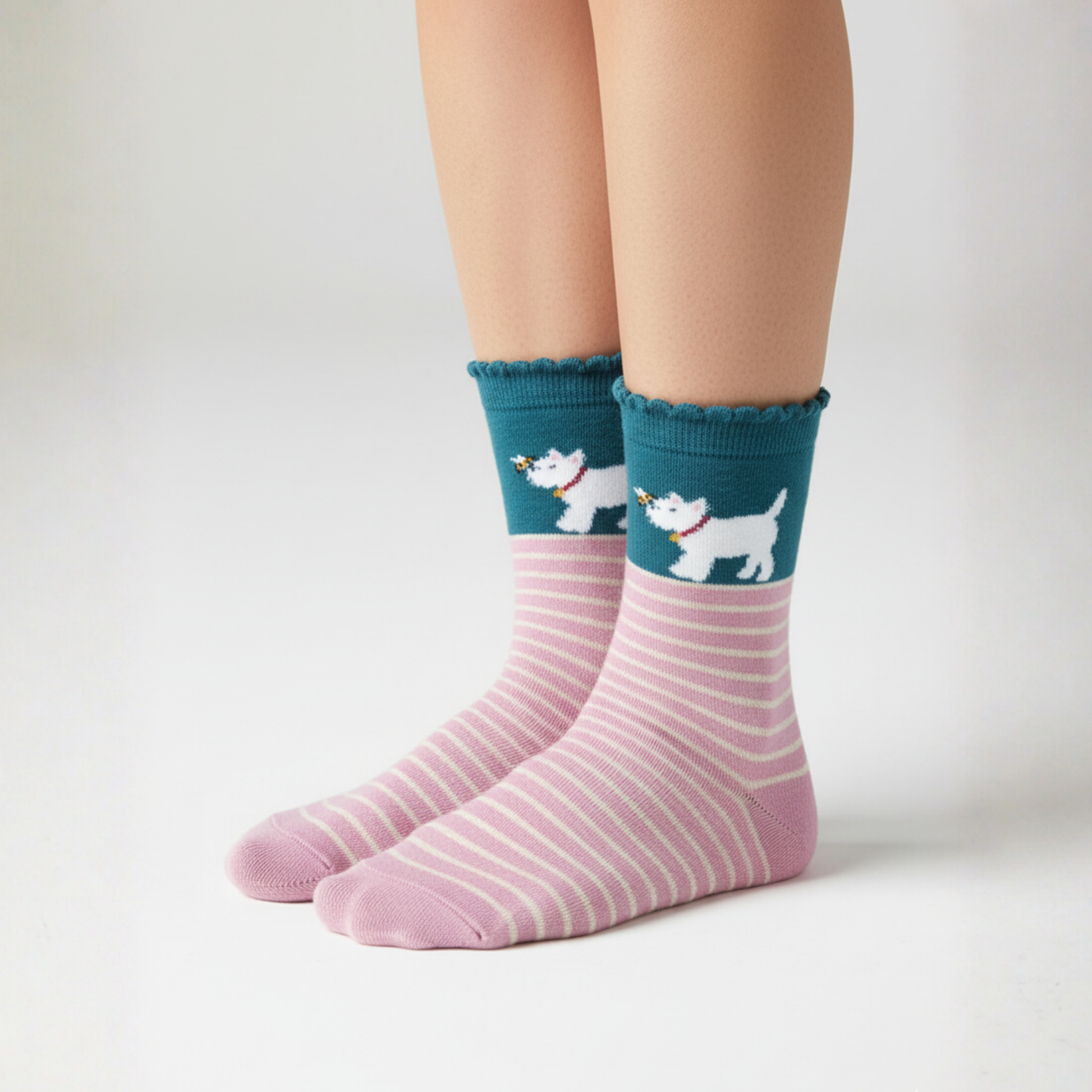 Pembe-krem çizgili, petrol mavisi bilekli; kabarık köpek (Westie) ve minik arı motifli soket çorap.