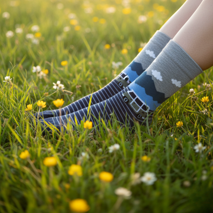 Gri ve mavi tonlarda, yeşil karavan ve bulut desenli pamuklu unisex çorap — doğa ve özgürlük temasını yansıtan konforlu tasarım