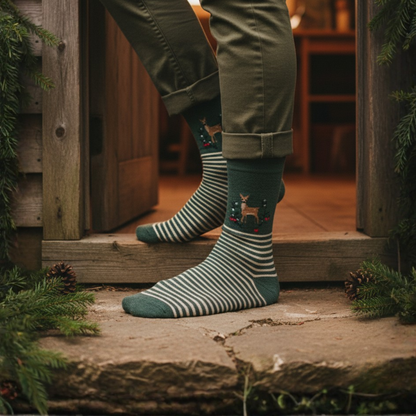 Yılbaşı temalı Bambi geyik desenli, çizgili yeşil pamuklu soket çorap — sevimli ve rahat tasarım