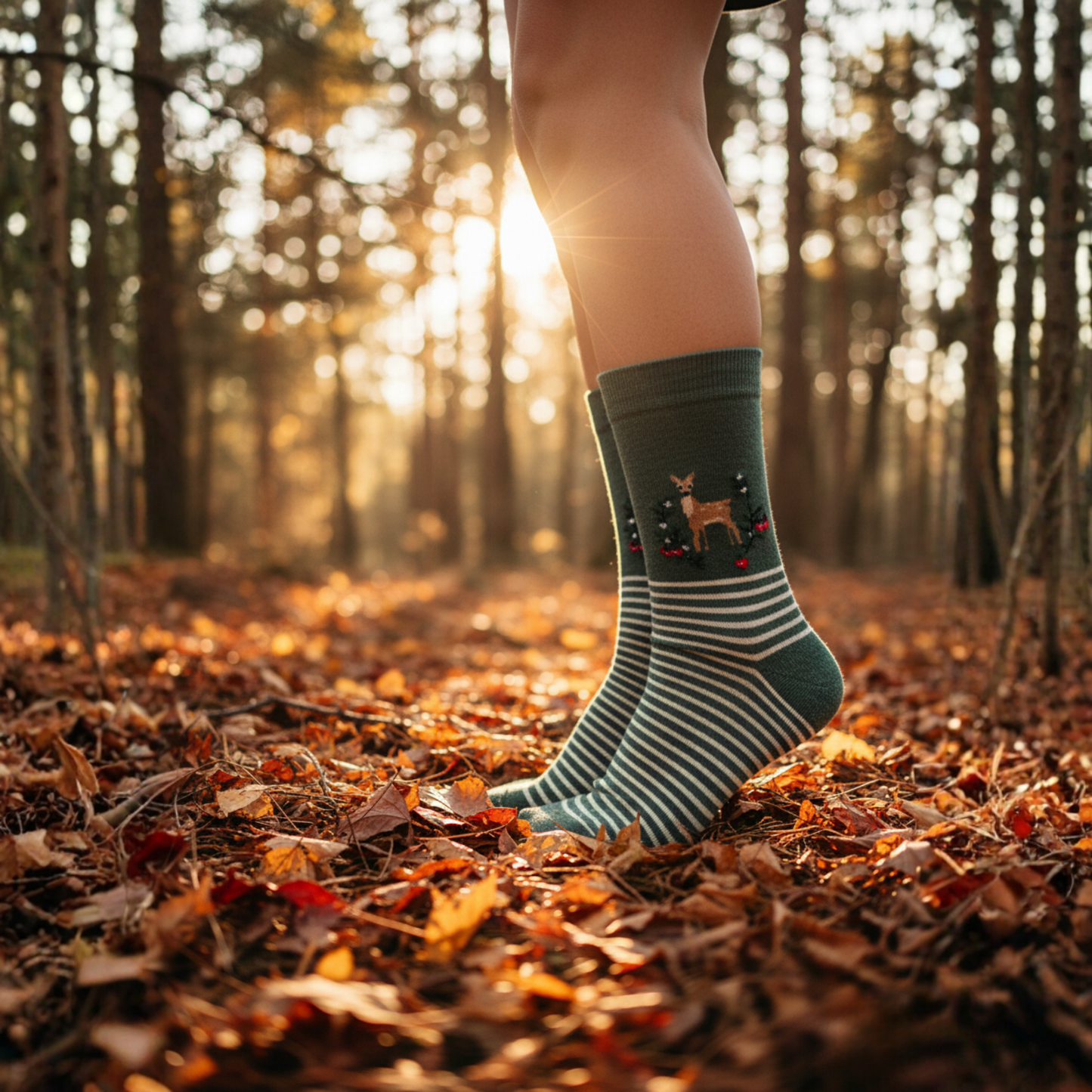 Yılbaşı temalı Bambi geyik desenli, çizgili yeşil pamuklu soket çorap — sevimli ve rahat tasarım