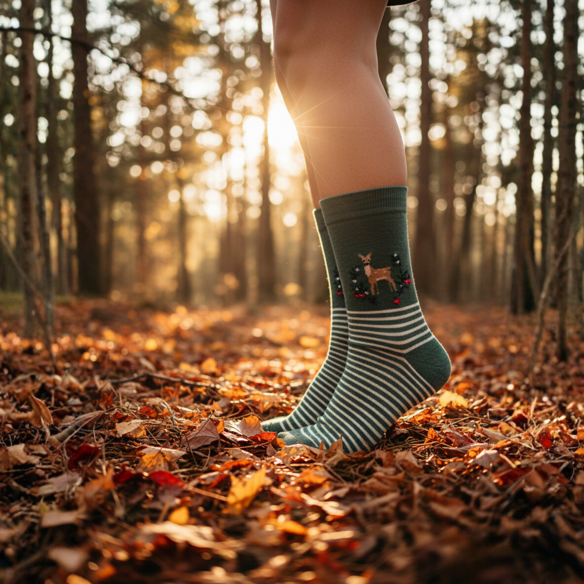 Yılbaşı temalı Bambi geyik desenli, çizgili yeşil pamuklu soket çorap — sevimli ve rahat tasarım